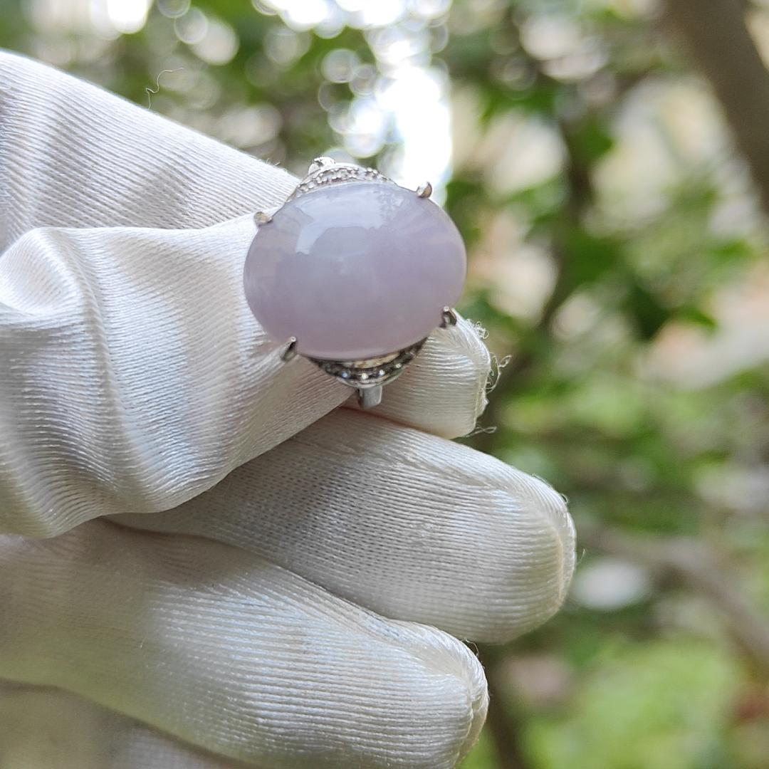 S925 Setting with Lavender Cabochon 15.6 * 12.3 * 5.2 mm Natural Type A Jadeite Jade Ring with certificate weigh 3.23 grams, finger size adjustable (s925ring4)