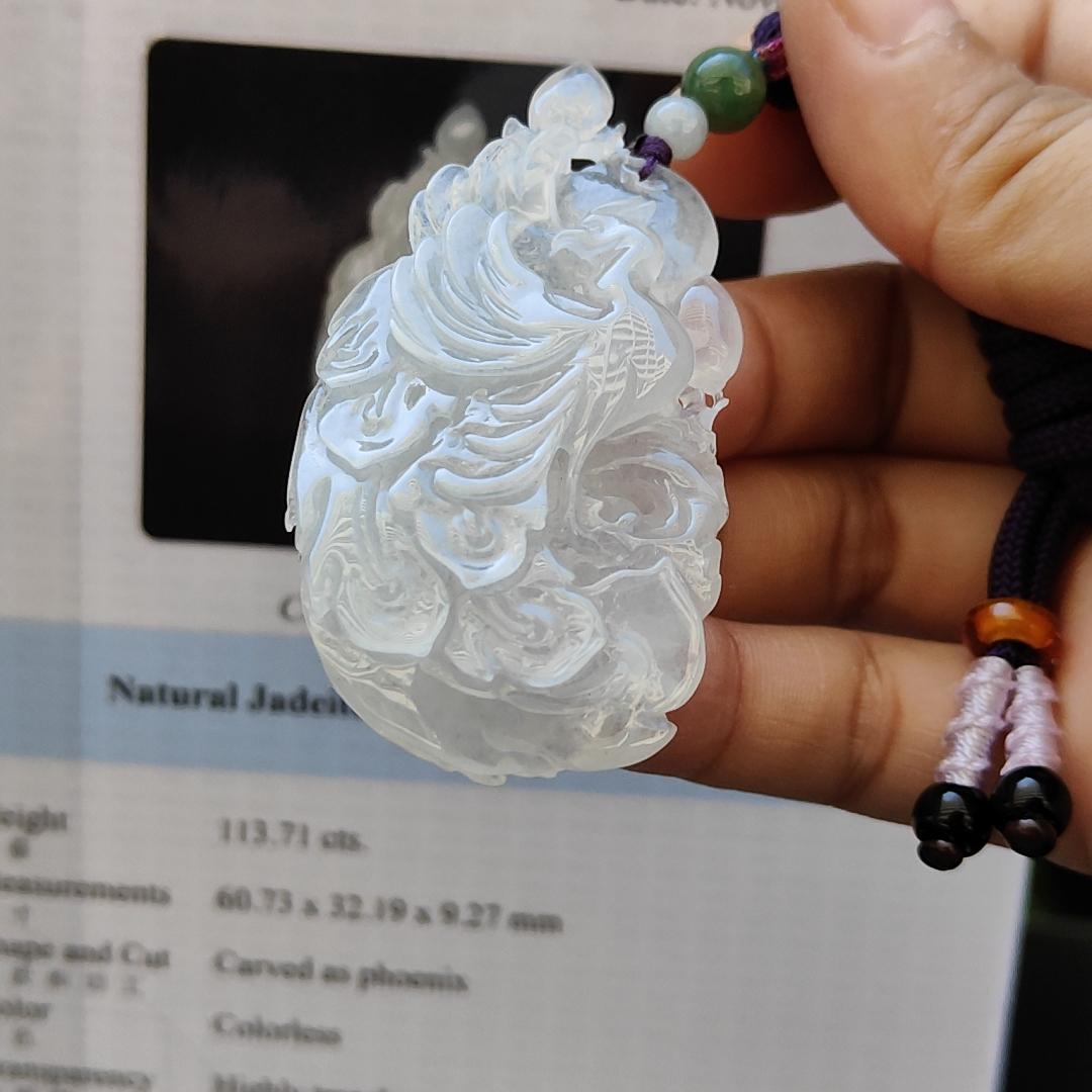 Pheonix Type A Natural Jadeite Pendant Jewelry with NGI Gemstone report weight 113.71 gram , 60.73 * 32.19 * 9.27 mm - Very High Translucent Icy Variety with very fine grain (pendant159)