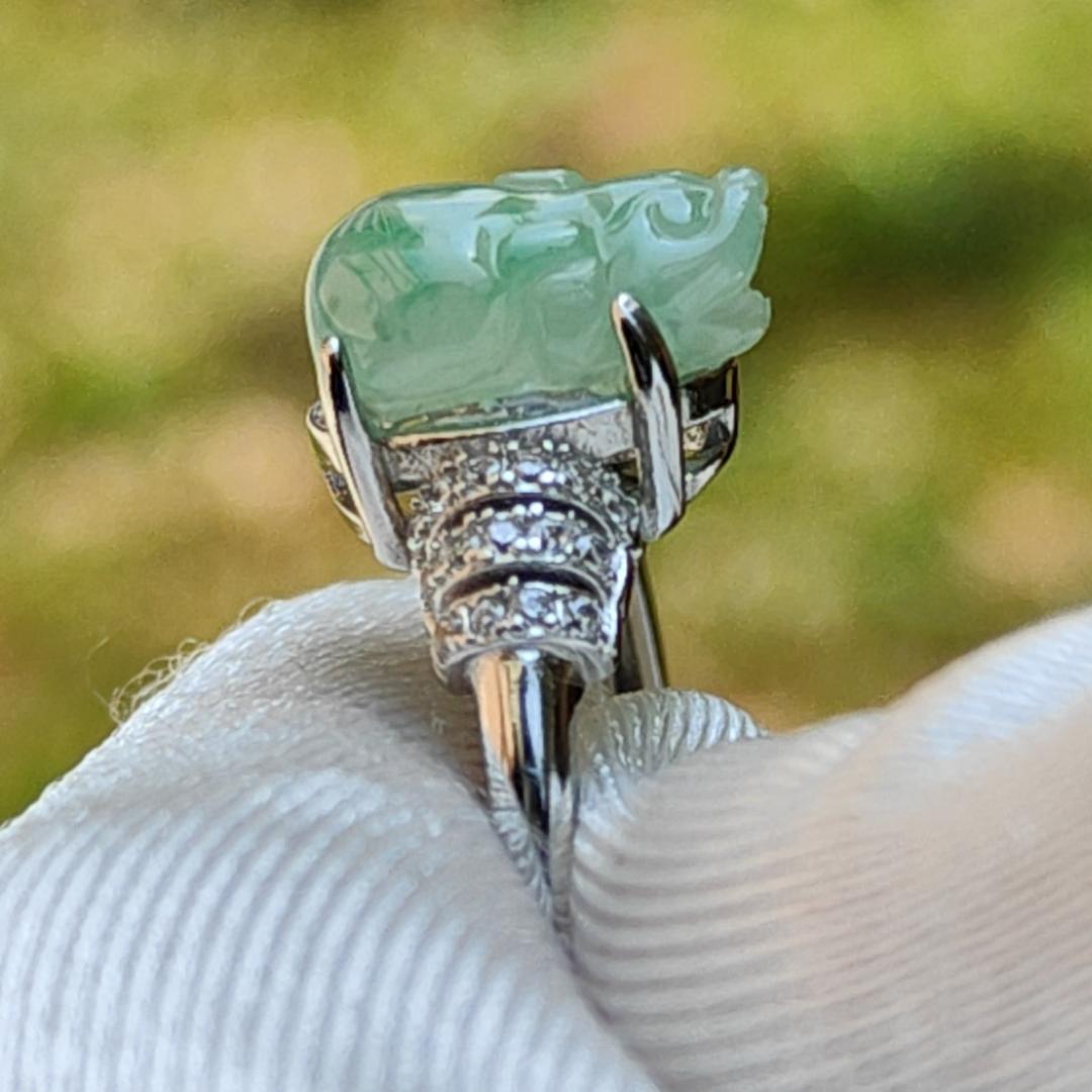 Icy Light Green with green patches Natural Type A Jadeite Jade crafted as Pixiu set on S925 adjustable as Ring with certificate weigh 2.68 grams, measurement 10.5 * 7.7 * 4.6 mm (s925ring7)