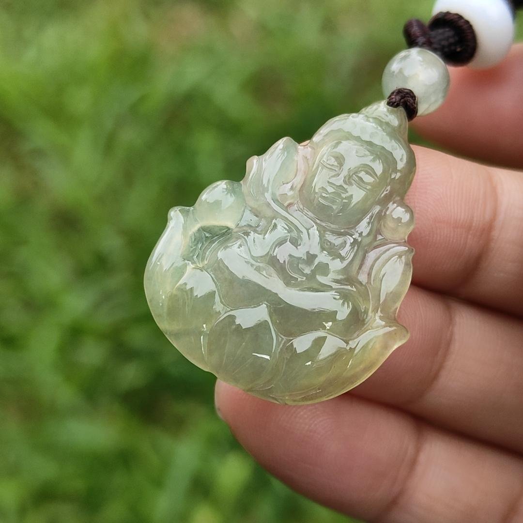 Icy Yellow Natural Type A Jadeite Pendant Necklace crafted as Baby Guanyin seating on Lotus, with certificate weigh 4.78 grams, measurement 31.5 * 26 * 4.3 mm (pendant40)