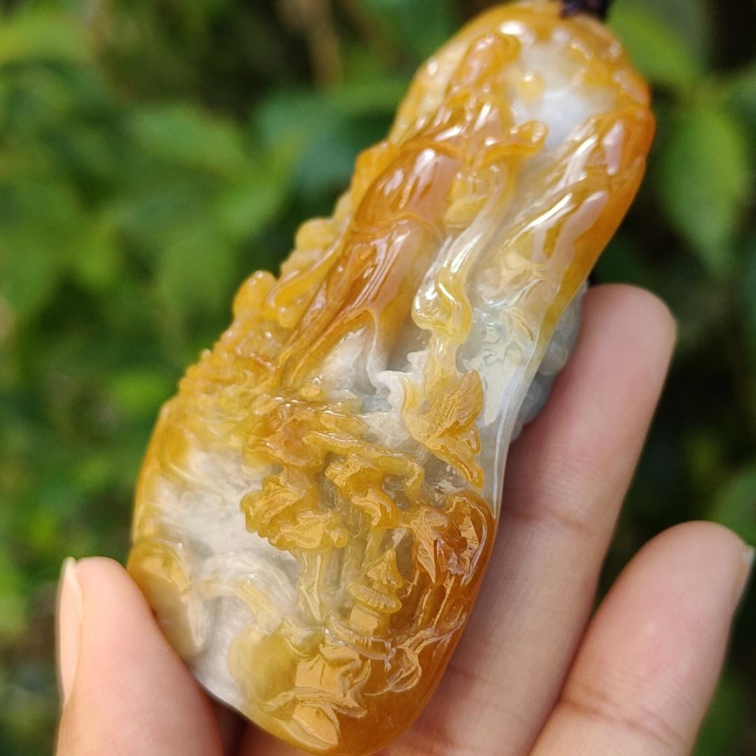 Premium Quality Yellow Natural Type A Jadeite pendant with fortune god, mountain and trees, symbolize the blessing of good fortune, eternal strength, and continuous growth, certificate weigh 77.61 g, 76.10 * 39 * 19.30 mm, symbol of prosperity (pendant81)