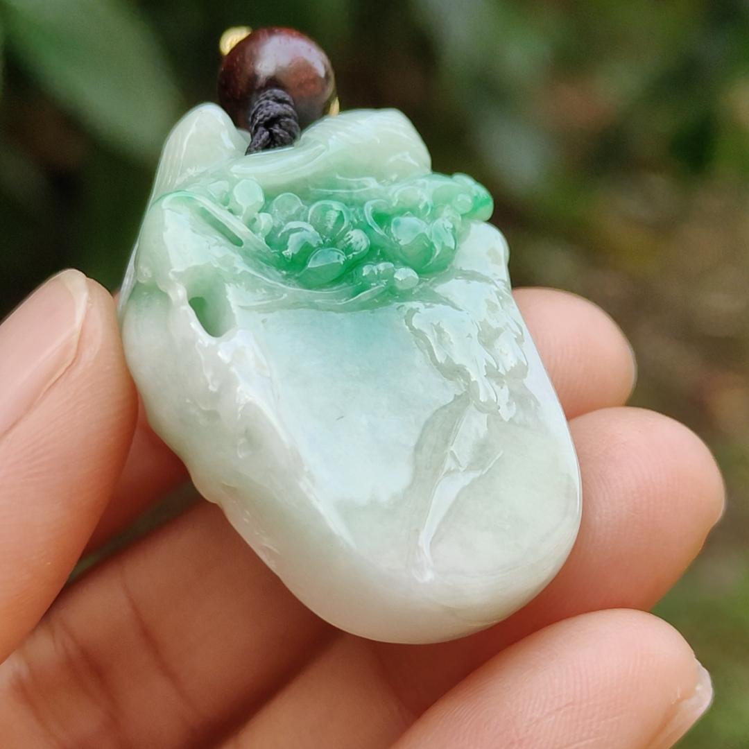 Beautifully crafted with birds and flower light green Natural Type A Jadeite Jade as Pendant, certificate weighs 18.63 grams, measurement 38.3 * 25.9 * 9.6 (pendant247)