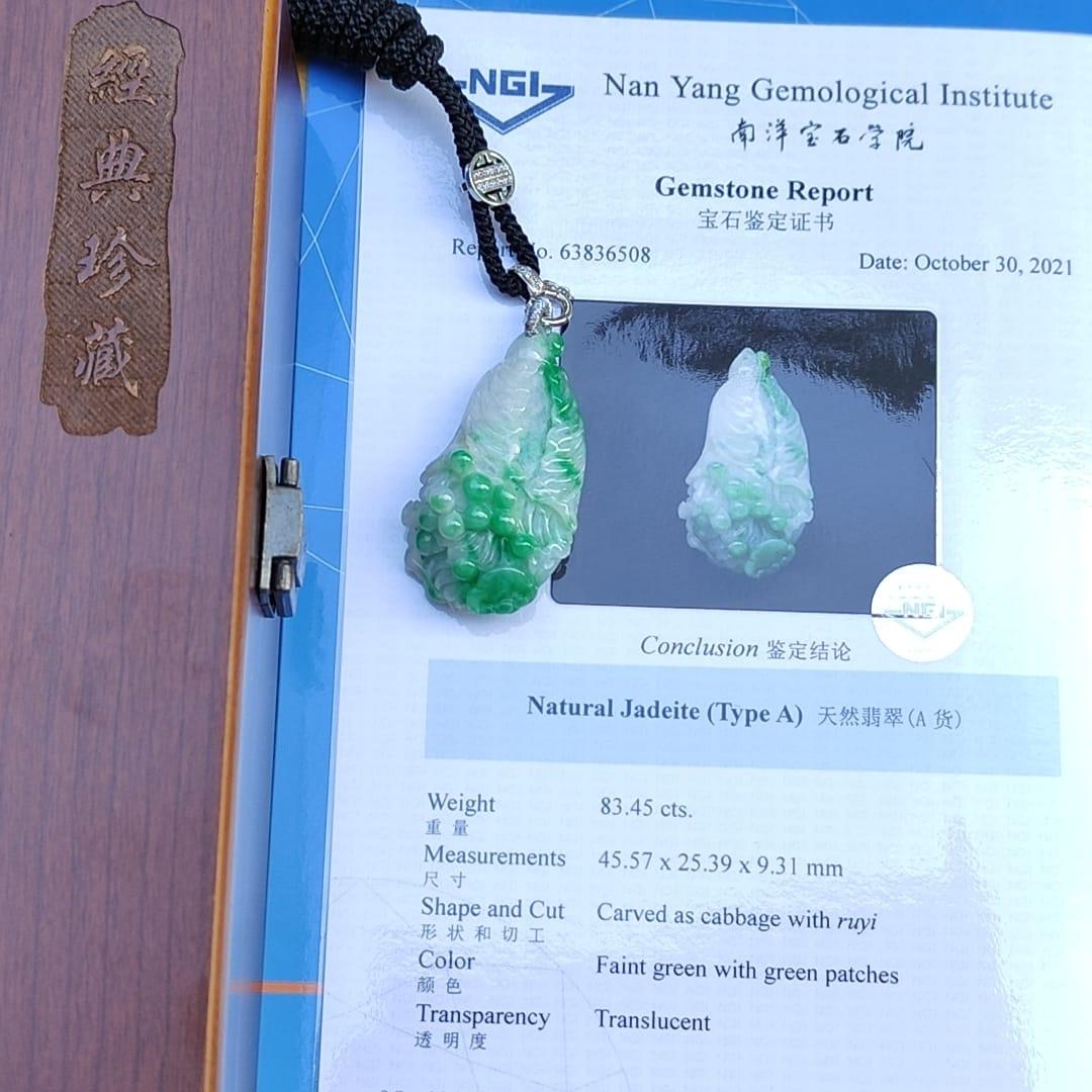 Natural Type A Jadeite carved as cabbage with ruyi - NGI Certification , Weight 83.45 g , Translucent with faint green and green patches ,  [45.47 * 25.39 * 9.31 mm] , Premium Myanmar Jadeite Pendant (pendant150)