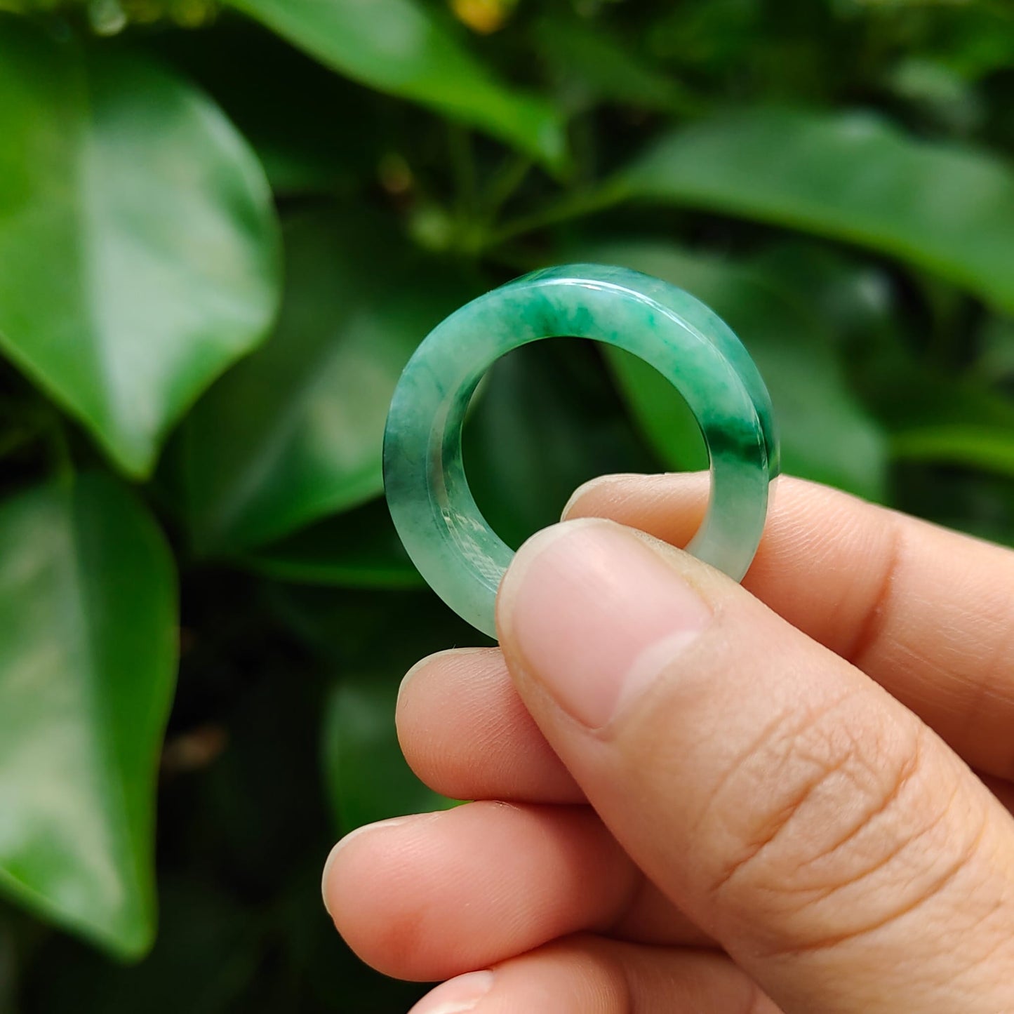 High Quality Green,Green Patches Natural Type A Jadeite Jade crafted as Ring, finger size 19.1mm, QIC approved labs certificate weighs 7.68 grams, measurement 7.7 * 4.4 mm (ring8)