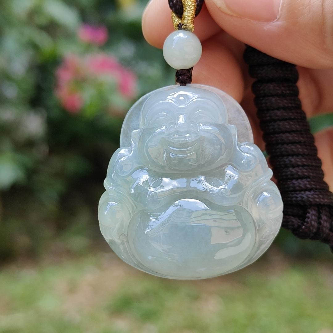 Premium Quality with good density and light green bluish hue Natural Type A Jadeite Pendant Necklace crafted with Laughing Buddha, certificate included weigh 17.14 grams, 36.7 * 34.2 * 8.7 mm, a good collection or for your daily wear (pendant32)