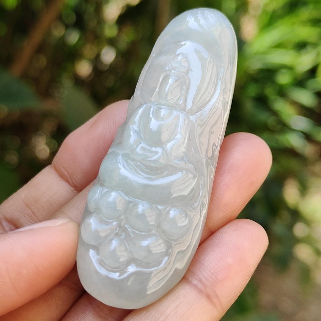 High Quality Light Green Hue Natural Type A Jadeite Jade crafted with Faceless Guanyin as Pendant, Certificate weighs 33.26 grams, measurement 63.8 * 23.6 * 12.2 mm (pendant237)