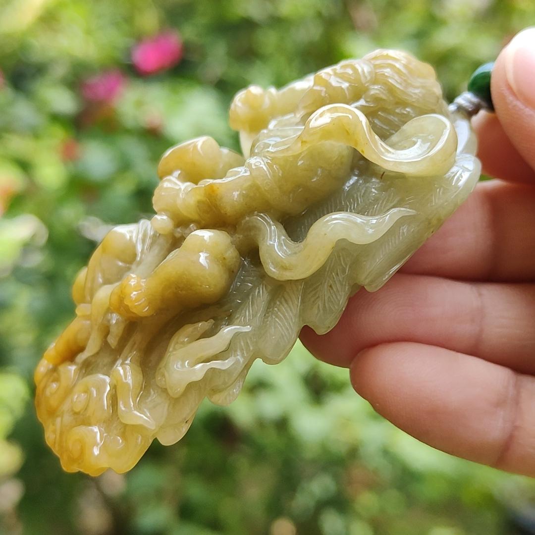 Super Rare Yellow with Light Green Hue Natural Type A Jadeite Jade crafted with shape of Lei Zhenzi as Pendant, certificate weighs 79.58 grams, measurement 69.8 * 42 * 19.5 (pendant257)