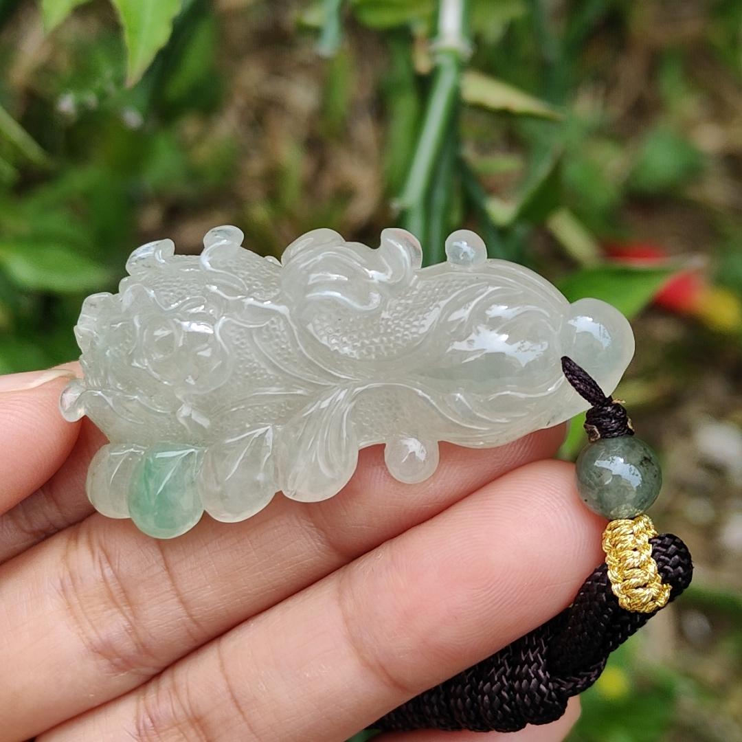 Icy Variety with good translucency and one patch of green crafted as the Chinese cabbage Natural Type A Jadeite Pendant Necklace with certificate weigh 22.88 grams, 51 * 26.3 * 13.8 mm, symbols of Harvest, auspiciousness, wealth and purity (pendant26)