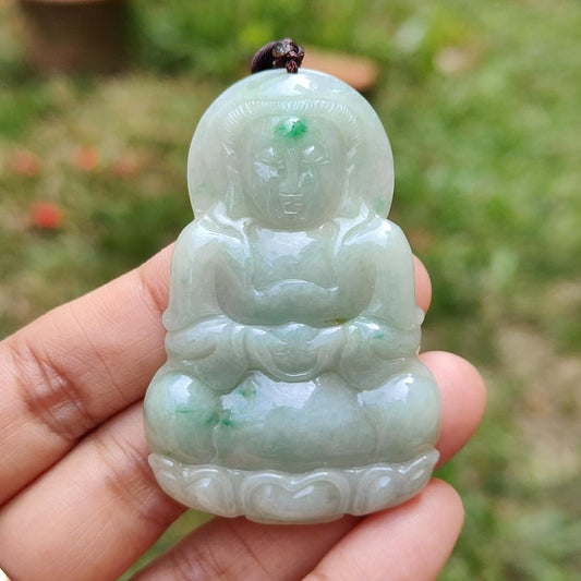 Light green with green patches Natural Type A Jadeite Jade crafted with Guanyin as Pendant with certificate weigh 17.28 grams, measurement 56.3 * 37.3 * 5.9 mm (pendant201)