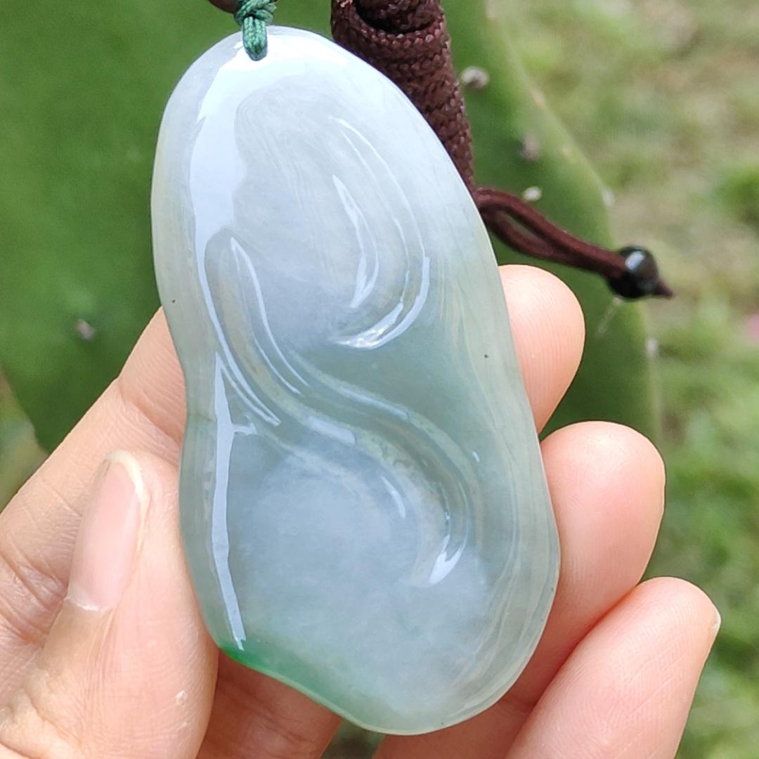 Green, Bluish Green, Brown Natural Type A Jadeite Pendant Necklace crafted as Nine Tails Fox symbols, Increase the relationship with the opposite sex and enhance personal charm plus good luck, certificate weigh 30 grams, 57 * 29.3 * 9.3 mm (pendant50)