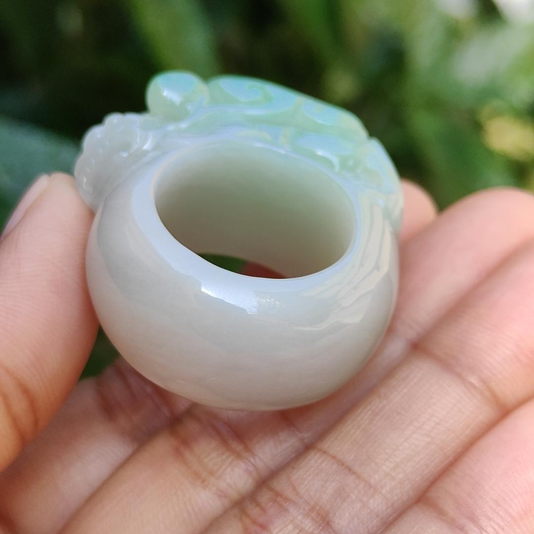 Rare Quality Light Green with White Natural Type A Jadeite Jade crafted with Pixiu and Ruyi as Ring, certificate weigh 31.97 grams, measurement 36.2 * 16 * 13, Finger size 19.5 mm (ring5)