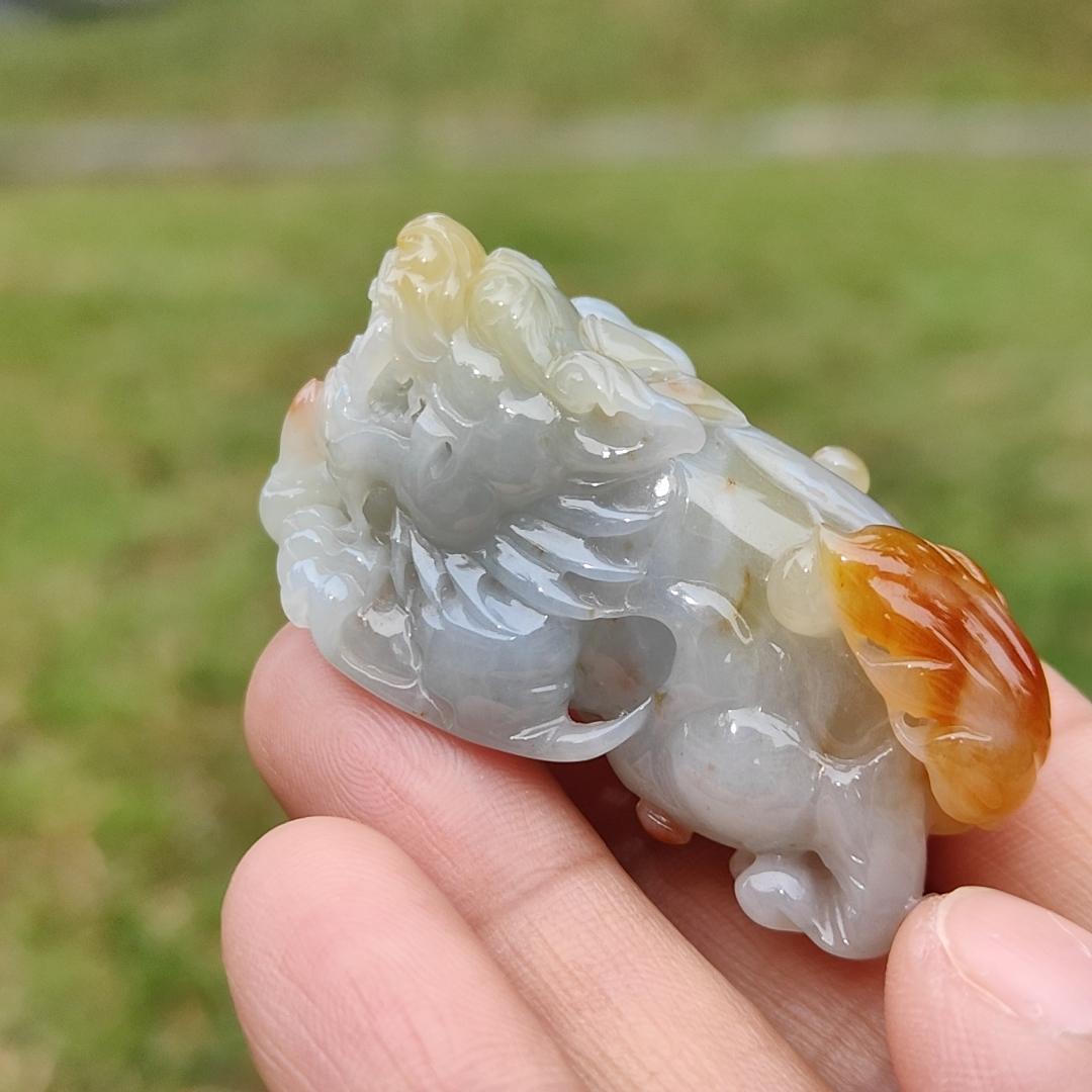 Super Rare Reddish,Yellow abd Tea Green Premium Quality Natural Type A Jadeite Jade crafted with Pixiu as Pendant with certificate weigh 34.14 grams, measurement 45.2 * 19.5 * 22.1 mm (pendant221)