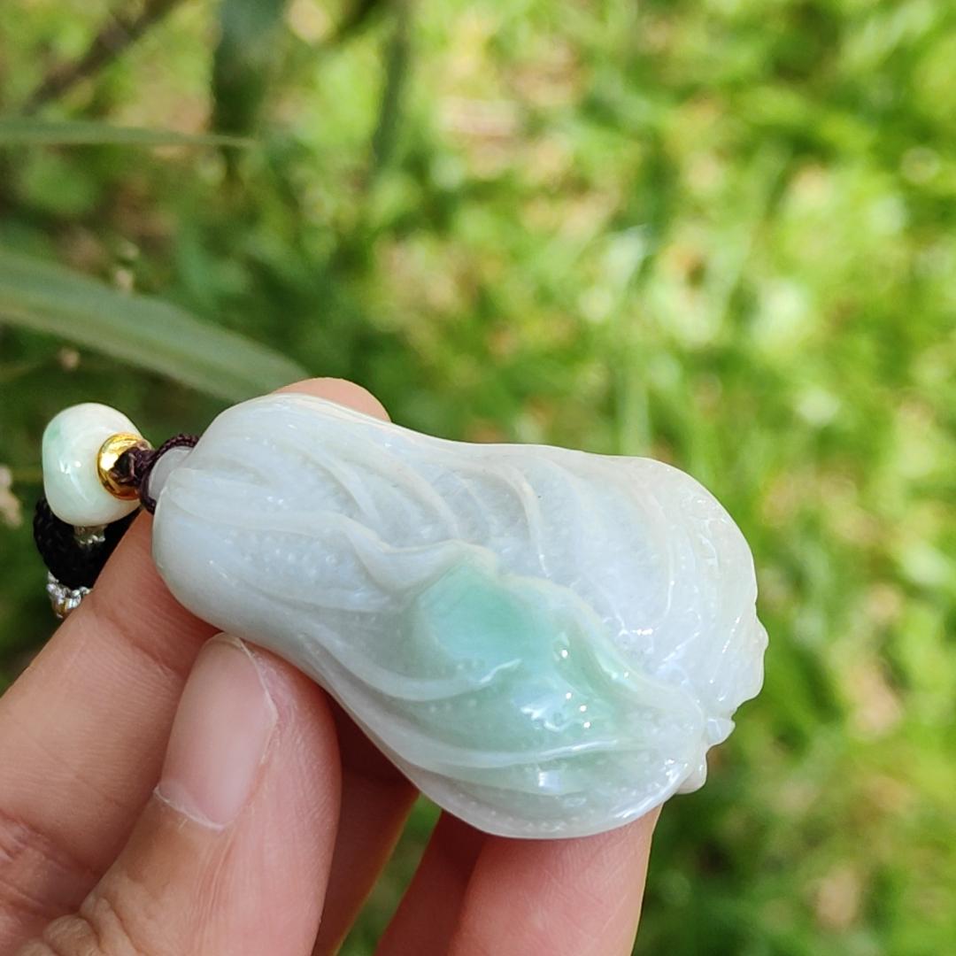 Crafted as Chinese cabbage with patches of light green Natural Type A Jadeite Pendant Necklace with GIC approved labs certificate weigh 31.92 grams, 46.8 * 27.3 * 18 mm, symbols of Boosts wealth, purity, and good weather, suitable for daily wear