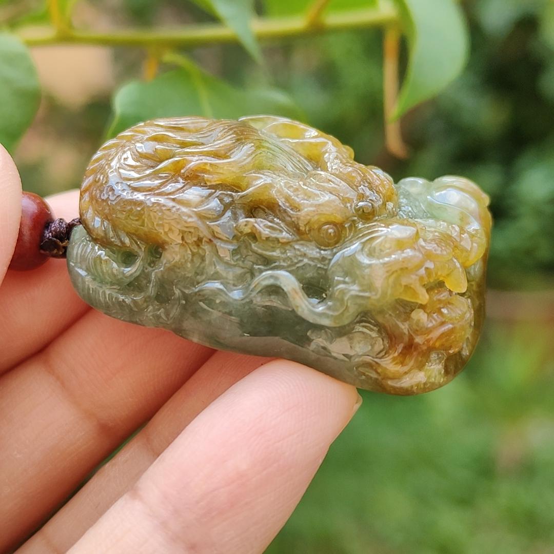 Green and Brown Two Colours Natural Type A Jadeite Pendant carved as Dragon with certificate weighs 33.15 grams, 41.8 * 26.5 * 16.5 mm, meaning Power and dignity, spirit of courage and perseverance, Prosperity and wealth (pendant88)