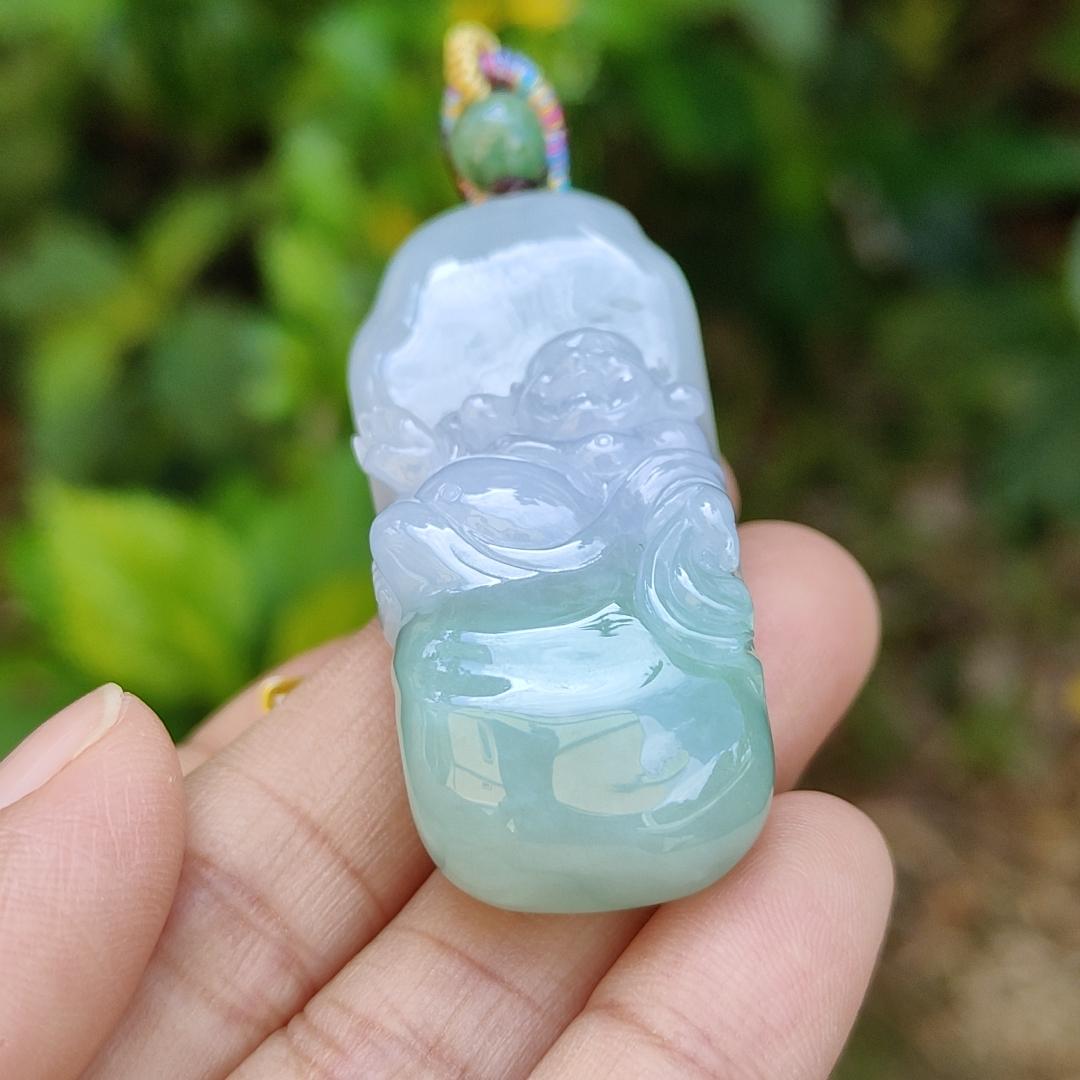 Lavender and Green Natural Type A Jadeite Pendant crafted with Milo Buddha represent Compassionate, tolerant, optimistic and open-minded with certificate weight 29.40 grams, 50.80 * 20.80 * 13.60 mm suitable for daily wear (pendant108)