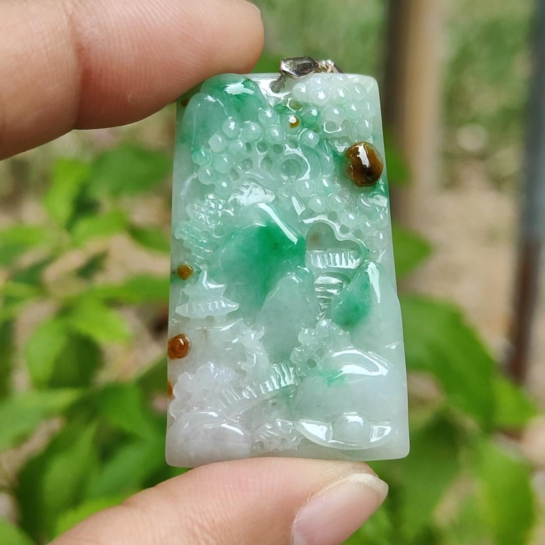 Good Quality Very Beautiful Light Green, Brown Natural Type A Jadeite Jade crafted with sceneries as Pendant, certificate weighs 9.72 grams, measurement 40 * 24.8 * 4.6 mm (pendant288)