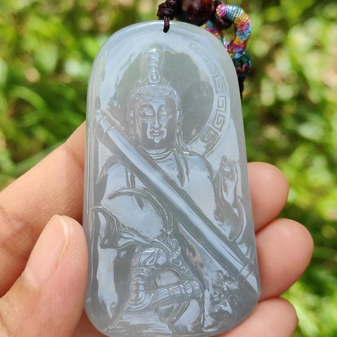 Light Lavender Very unique old Natural Type A Jadeite Pendant come with certificate Crafted with Guanyin and the monkey god with a hugh golden cudgel weight 33.74 grams, 62.80 * 35.70 * 6.30 mm suitable for daily wear or collection (pendant117)