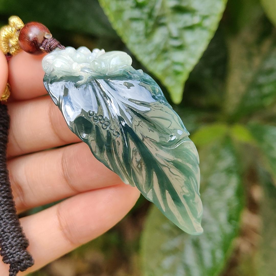 Bluish Dark Green Premium Quality Natural Type A Jadeite Pendant Necklace crafted as leaf with certificate weigh 12.98 grams, 57.7 * 24 * 8 mm, symbols of Great success and rising step by step, career is going smoothly (pendant164)