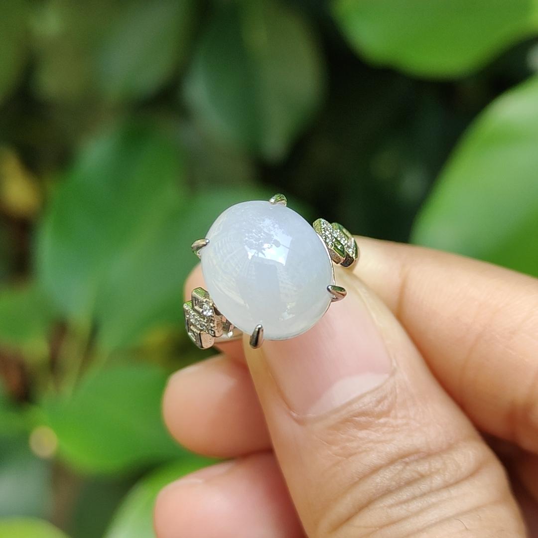 High Quality Semi Icy Cabochon with good Translucency Natural Type A Jadeite Jade set with S925 as adjustable Ring, certificate weighs 2.75 grams, measurement 12.9 * 11 * 4.8 (s925ring15)