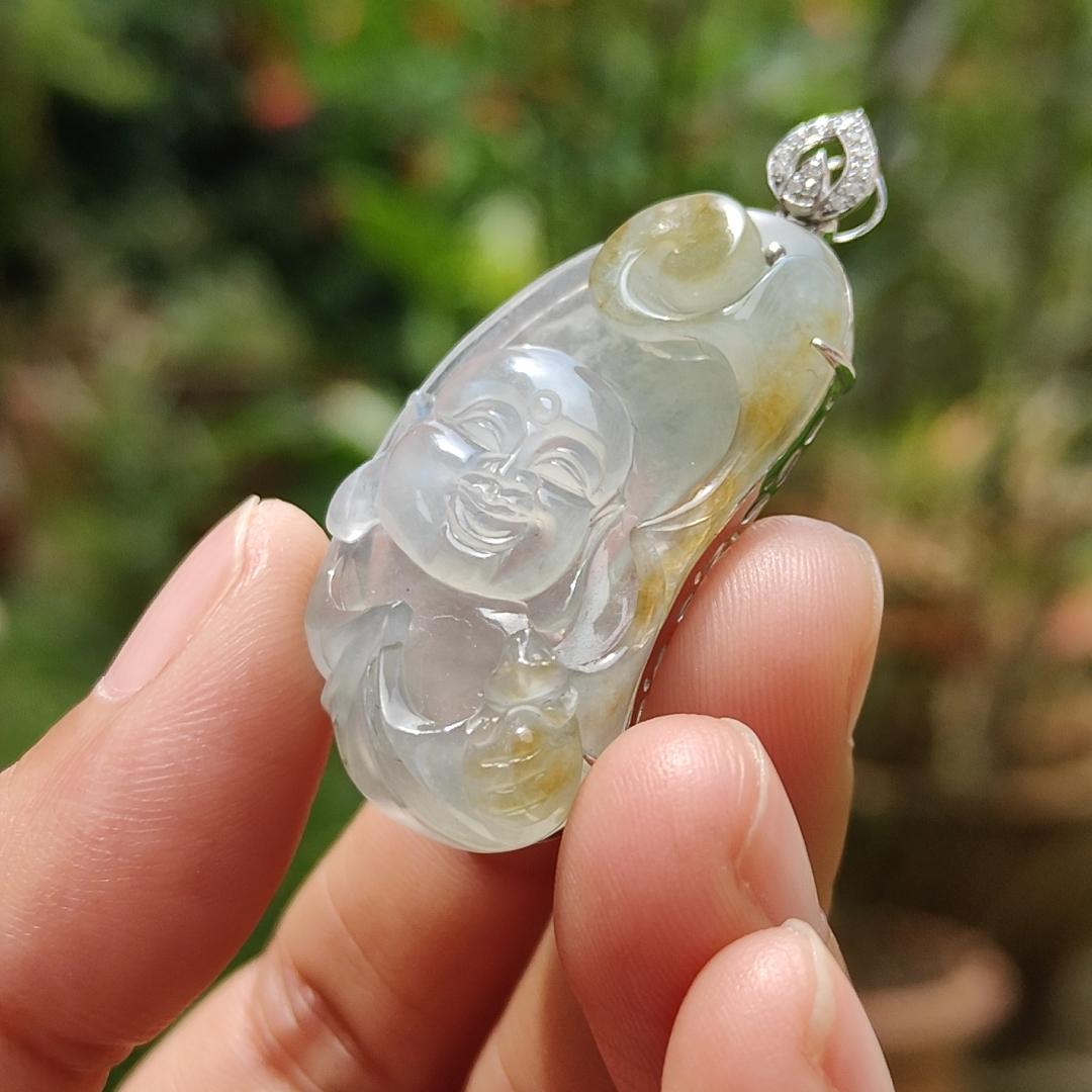 #Sold Icy Translucent with Yellow Natural Type A Jadeite Jade set with 18k Gold and diamonds as Pendant, certificate included weigh 8.23 grams, measurement 42.3 * 20 * 10.5 mm (18kp19)