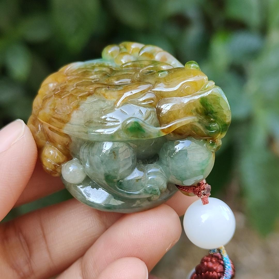 Super Rare Green and Brown Natural Type A Jadeite Jade crafted with Vermilion bird as pendant with certificate weigh 59.21 grams, measurement 45.8 * 32 * 27.3 mm (pendant231)