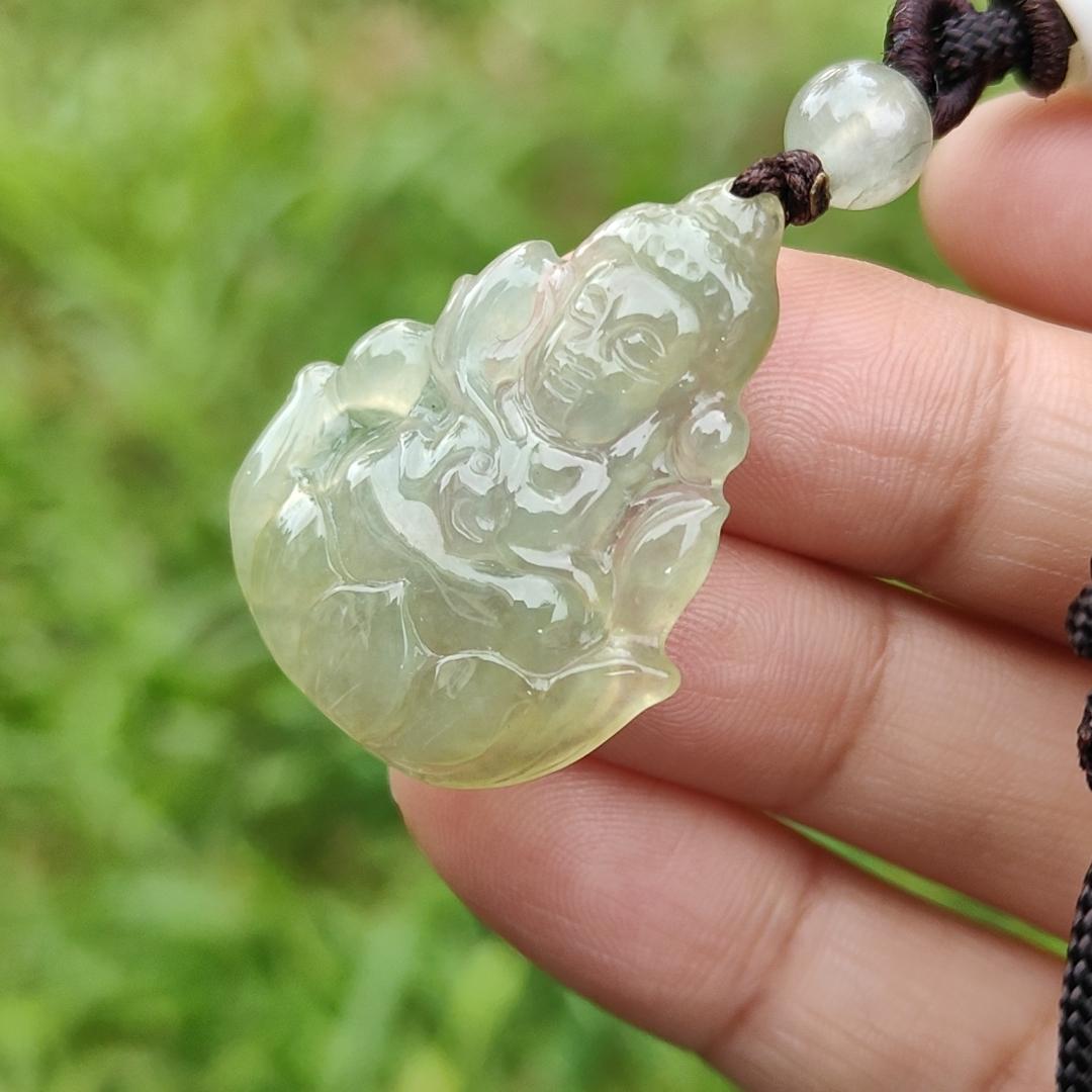 Icy Yellow Natural Type A Jadeite Pendant Necklace crafted as Baby Guanyin seating on Lotus, with certificate weigh 4.78 grams, measurement 31.5 * 26 * 4.3 mm (pendant40)