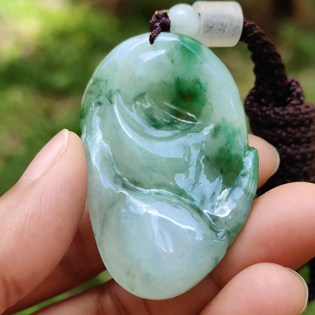 Rare High Quality Light Green and Green Natural Type A Jadeite Jade crafted with Milo Buddha as Pendant, certificate weighs 28.04 grams, measurement 46.3 * 30.3 * 13.9 mm (pendant285)