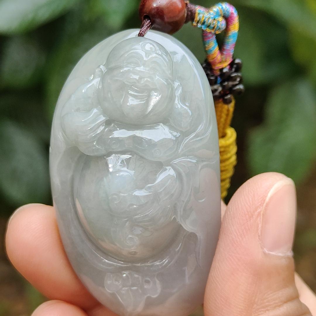 High Quality Light Green Hue Natural Type A Jadeite Jade crafted as Milo Buddha for Pendant, certificate weighs 44.34 grams, measurement 52.6 * 29.6 * 17.5 mm (pendant289)