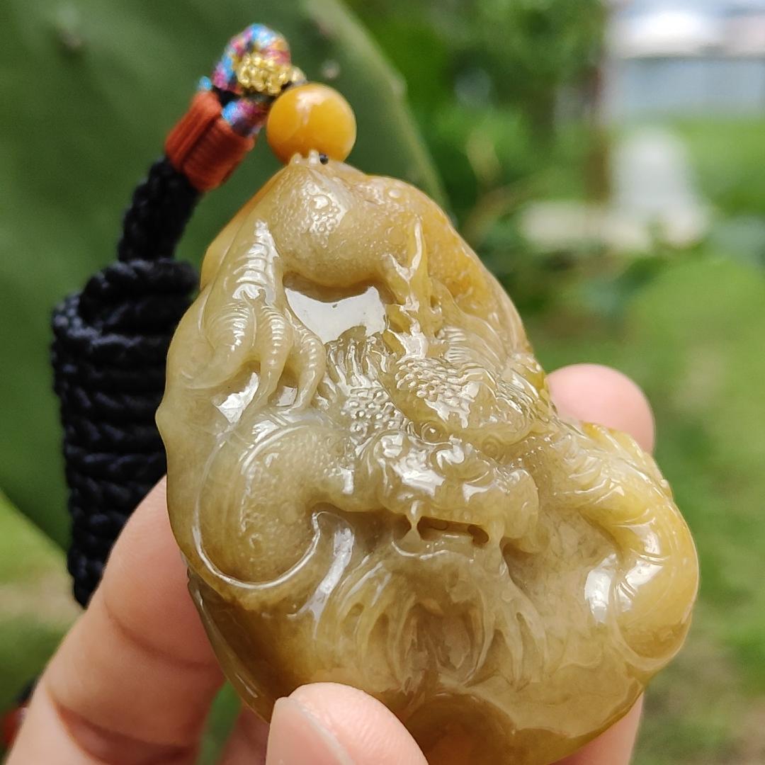 Rare Premium Quality Yellow with Redish and White Natural Type A Jadeite Jade crafted with Dragon as Pendant, for the collectors version, Certificate weigh 75.98 grams, measurement 56 * 42.20 * 23.30 mm (pendant215)