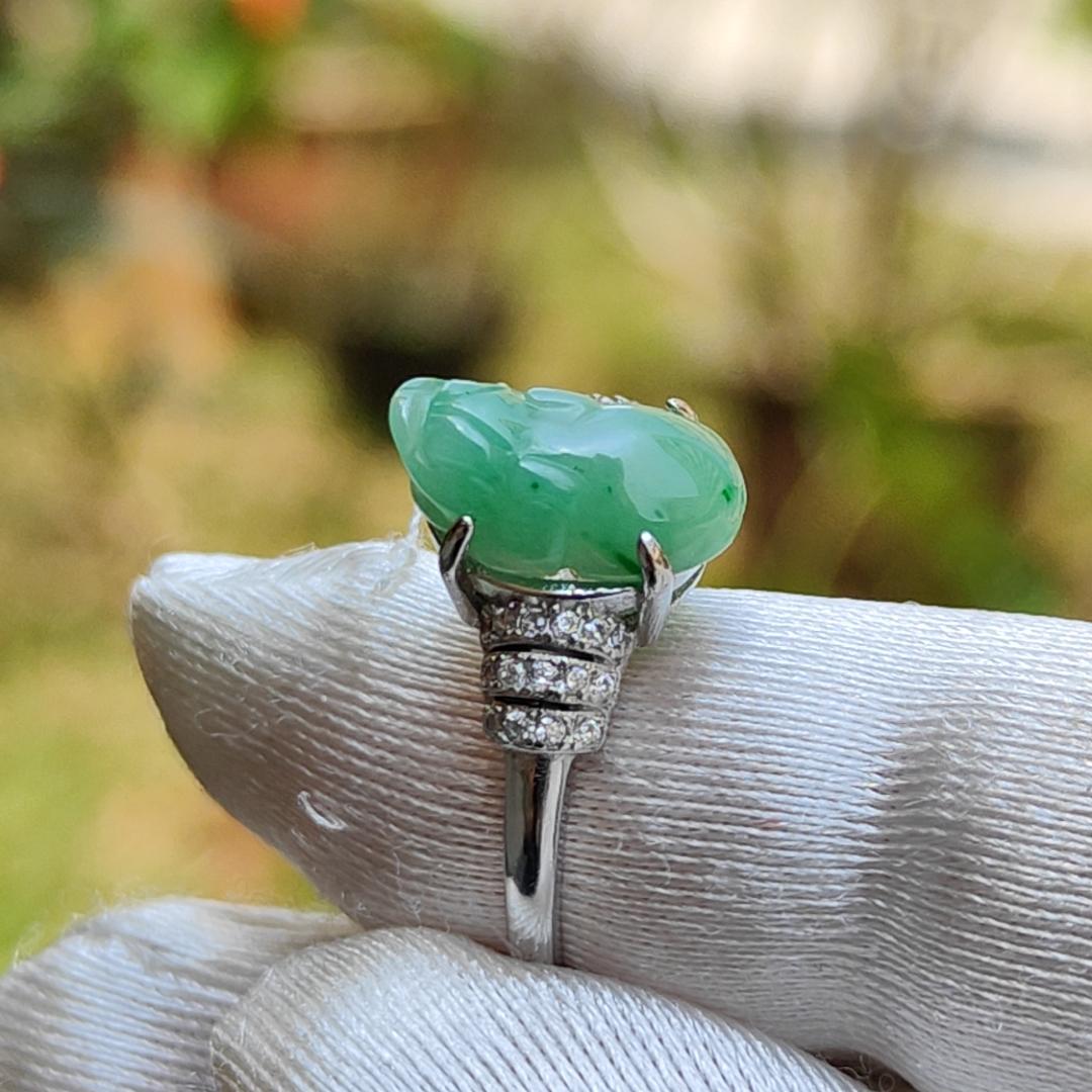 Green Natural Type A Jadeite Jade crafted with Pixiu set on adjustable S925 as a Ring with certificate weigh 2.6 grams, measurement 12.2 * 7 * 4.9 (s925ring9)