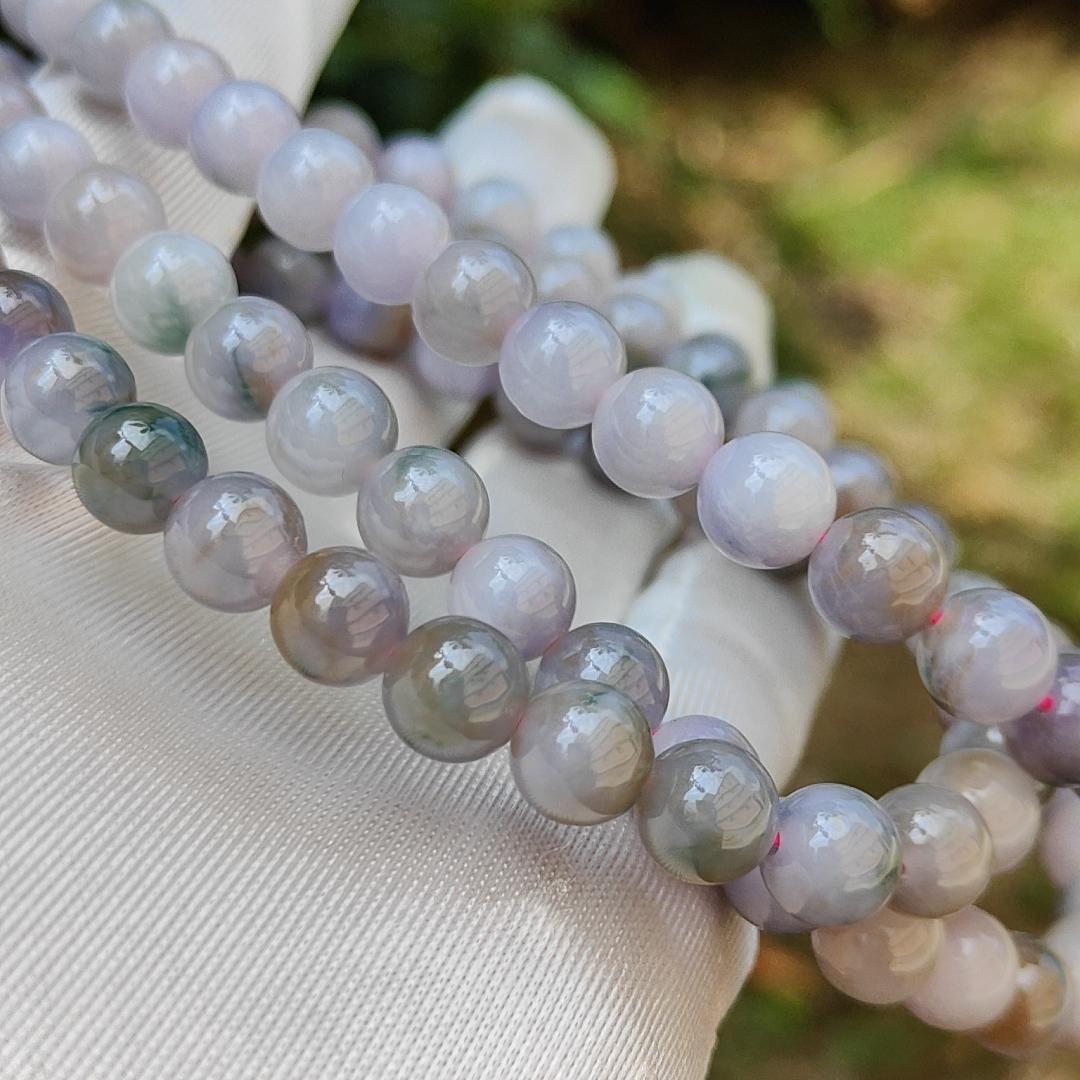 Very Rare Premium Light Green, Lavender and Brown Natural Type A Jadeite Jade crafted as 8mm * 98 beads for Necklace or Bracelet with certificate weigh 82.98 grams (bracelet22)