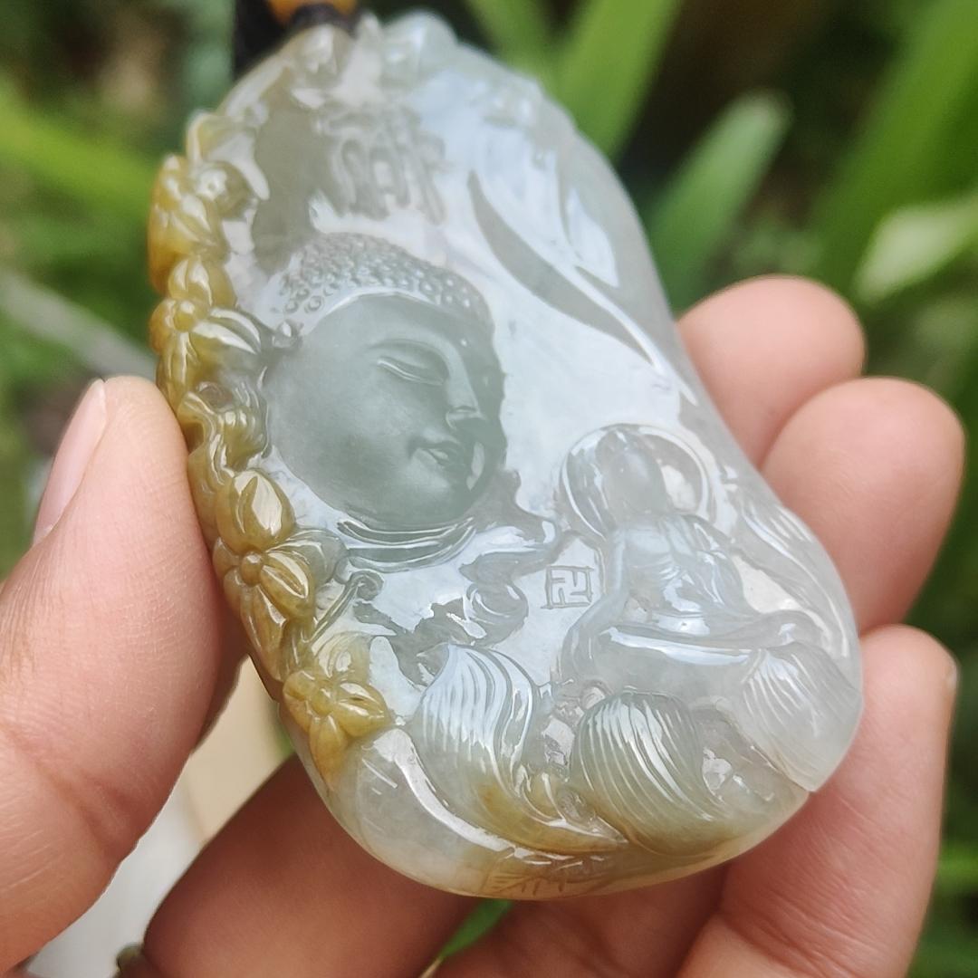 High Quality Yellow with Light Green Natural Type A Jadeite Jade crafted with Buddha and Monk as Pendant, certificate weigh 54.87 grams, measurement 71.6 * 35.6 * 9.5 mm (pendant262)