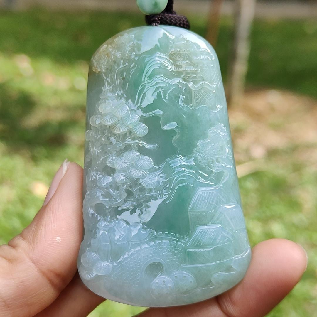 High Quality Light Green with Yellow Natural Type A Jadeite Jade crafted with sceneries as Pendant, certificate weighs 78.02 grams, measurement 66.1 * 40.5 * 13.3 mm (pendant280)