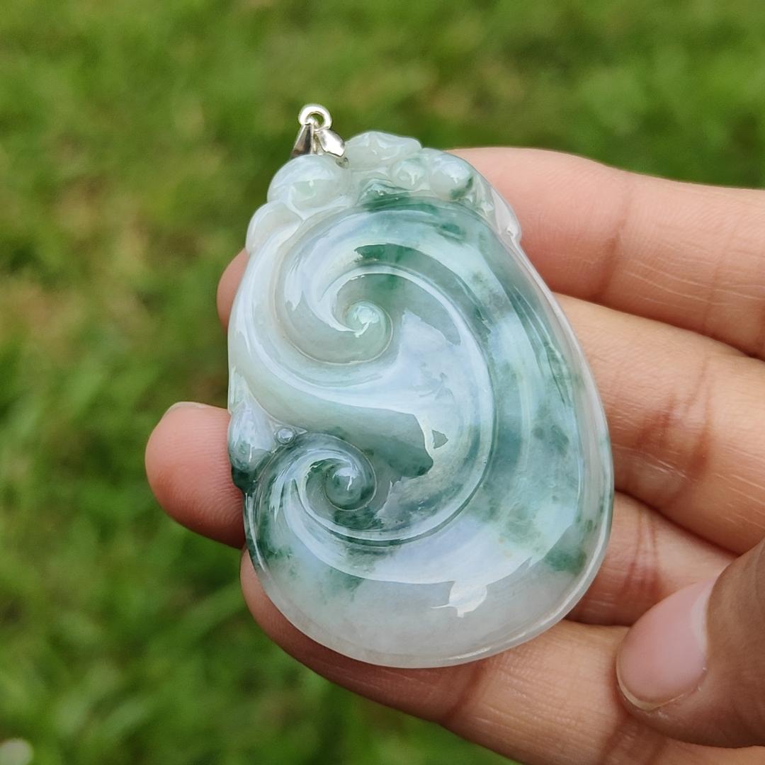 Special Offer, Green with Light Green Floating Flower (Piaohua) Natural Type A Jadeite Pendant Necklace crafted with Bat on Ruyi with certificate weigh 17.71 grams, 51.6 * 34.5 * 6 mm sysmbols of Happiness, auspiciousness (pendant103)