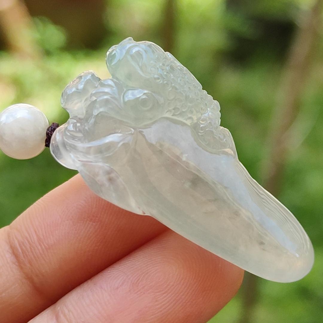 Premium Icy Translucent Natural Type A Jadeite Jade crafted with Three Legs Toad as Pendant, certificate weighs 12.37 grams, certificate weighs 12.37 grams, measurement 38.3 * 16.3 * 17.2 mm (pendant250)