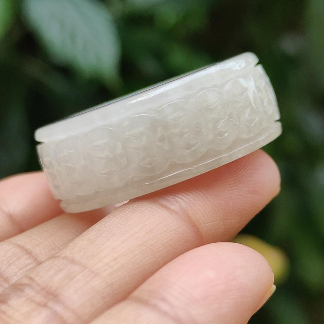 Quality White Natural Type A Jadeite Jade crafted with many coins as Ring with Finger size 21 mm, QIC approved labs certificate weigh 22.07 grams, measurement 12.5 * 6.7 mm (ring6)