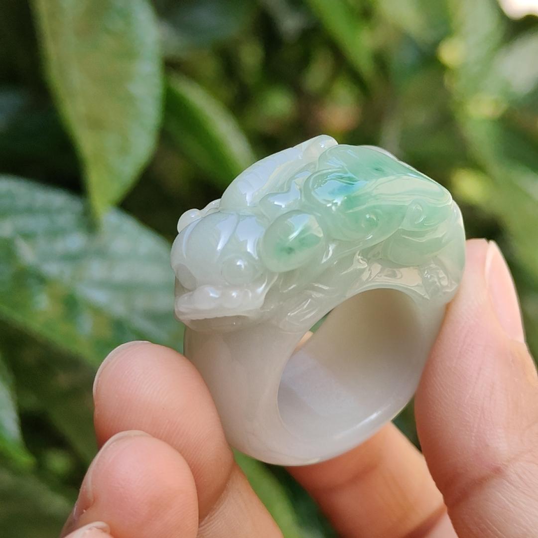 Rare Quality Light Green with White Natural Type A Jadeite Jade crafted with Pixiu and Ruyi as Ring, certificate weigh 31.97 grams, measurement 36.2 * 16 * 13, Finger size 19.5 mm (ring5)