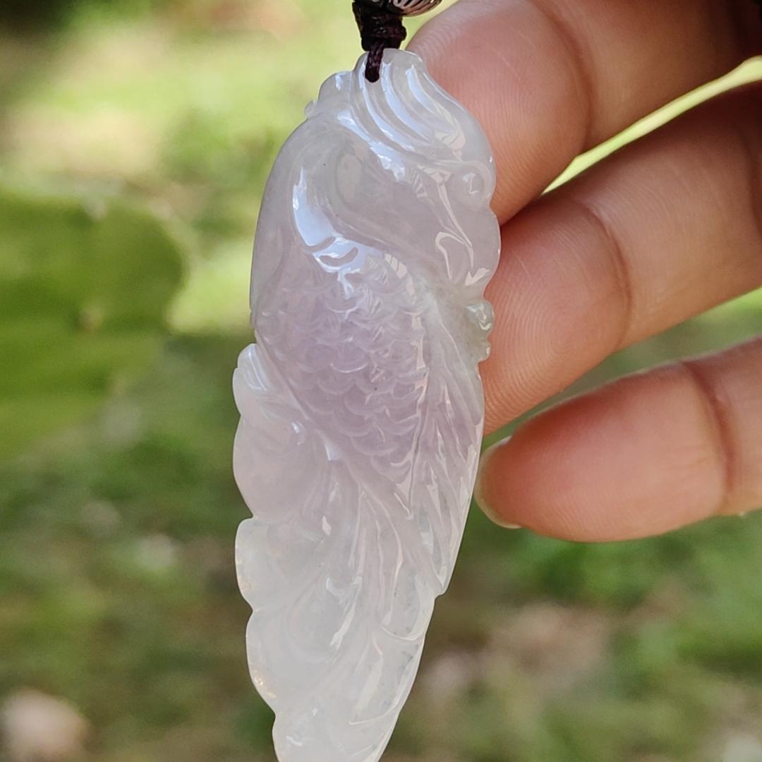 Rare Pinkish Light Lavender Hue Natural Type A Jadeite Pendant Necklace crafted as Parrot symbols of Wise and brave, heroic with certificate weigh 11.33 grams, 51.3 * 17.8 * 8.6 mm, mid-year offer and suitable for daily wear or collections (pendant28)