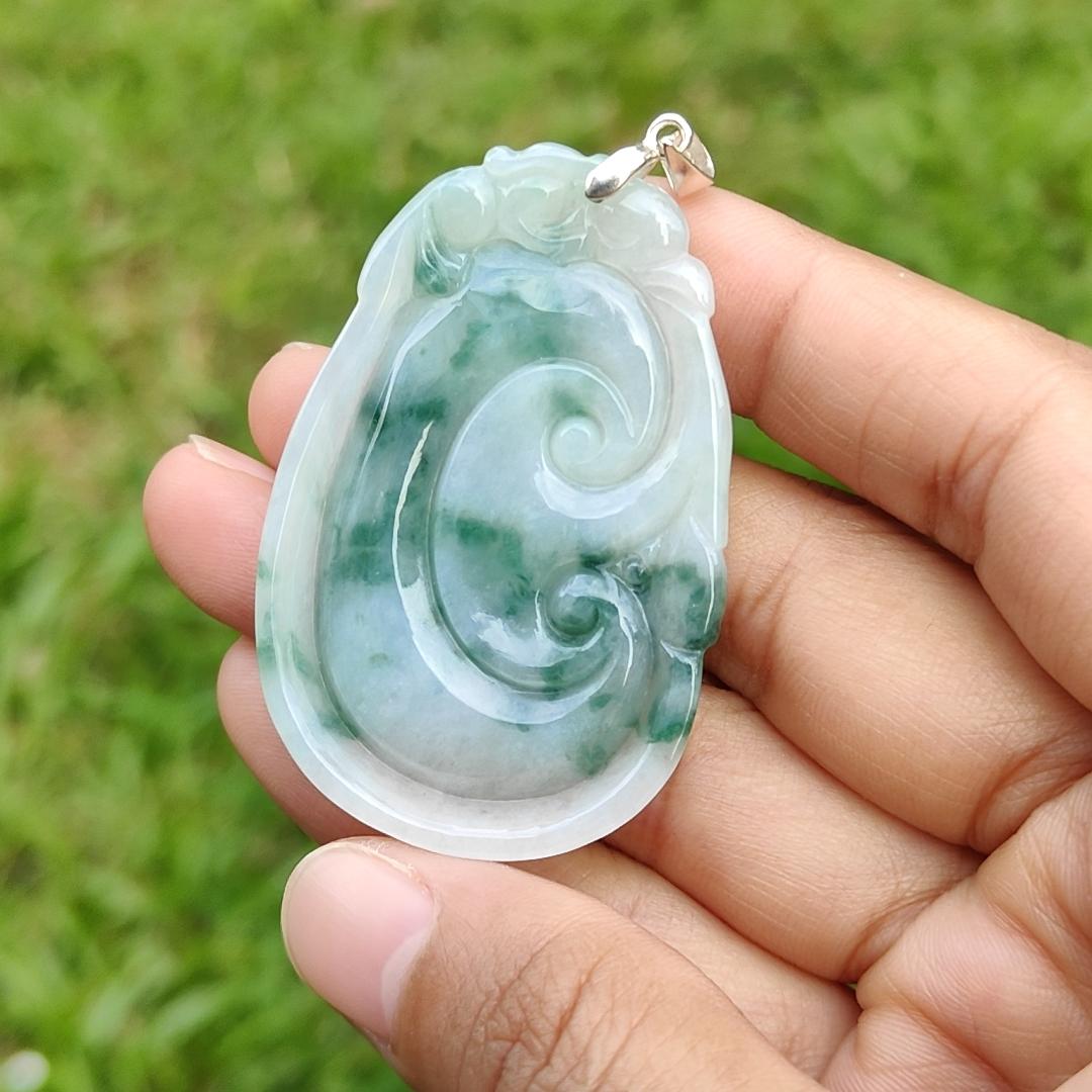 Special Offer, Green with Light Green Floating Flower (Piaohua) Natural Type A Jadeite Pendant Necklace crafted with Bat on Ruyi with certificate weigh 17.71 grams, 51.6 * 34.5 * 6 mm sysmbols of Happiness, auspiciousness (pendant103)