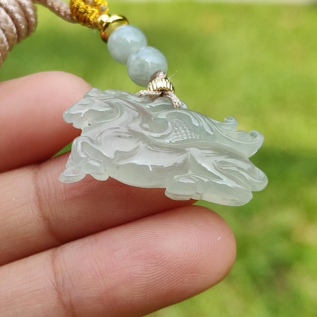 Icy with light green base Natural Type A Jadeite Pendant Necklace crafted as Flying Horse symbols of Good luck is coming soon, Longma spirit with GIC approved certificate weigh 4.55 grams, 15.6 * 28 * 6.3 mm (pendant65)