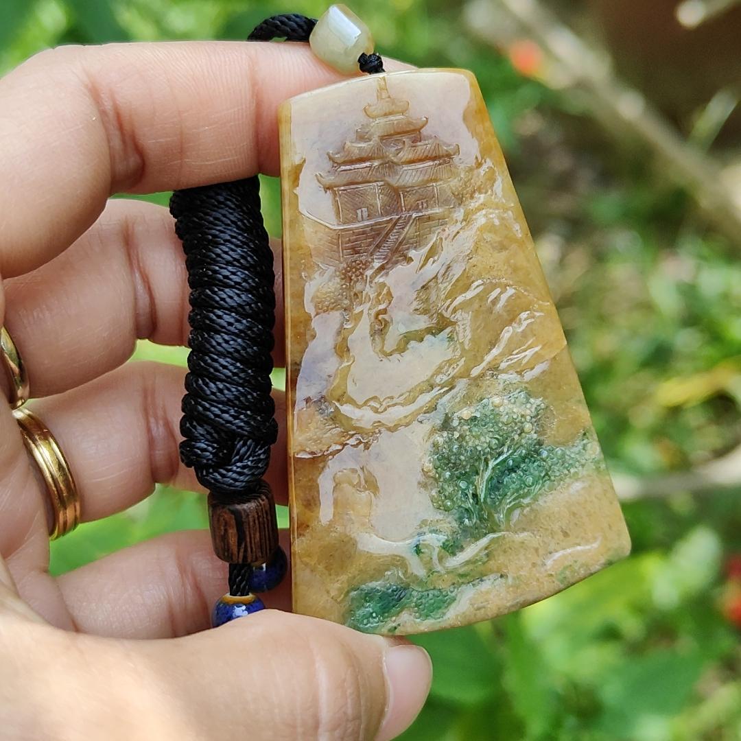 Very Rare Green, Red and Yellow Natural Type A Jadeite Jade Pendant Necklace with Sceneries, certificate included weigh 29.84 grams, measurement 61.6 * 39.7 * 5.8 mm (pendant183)