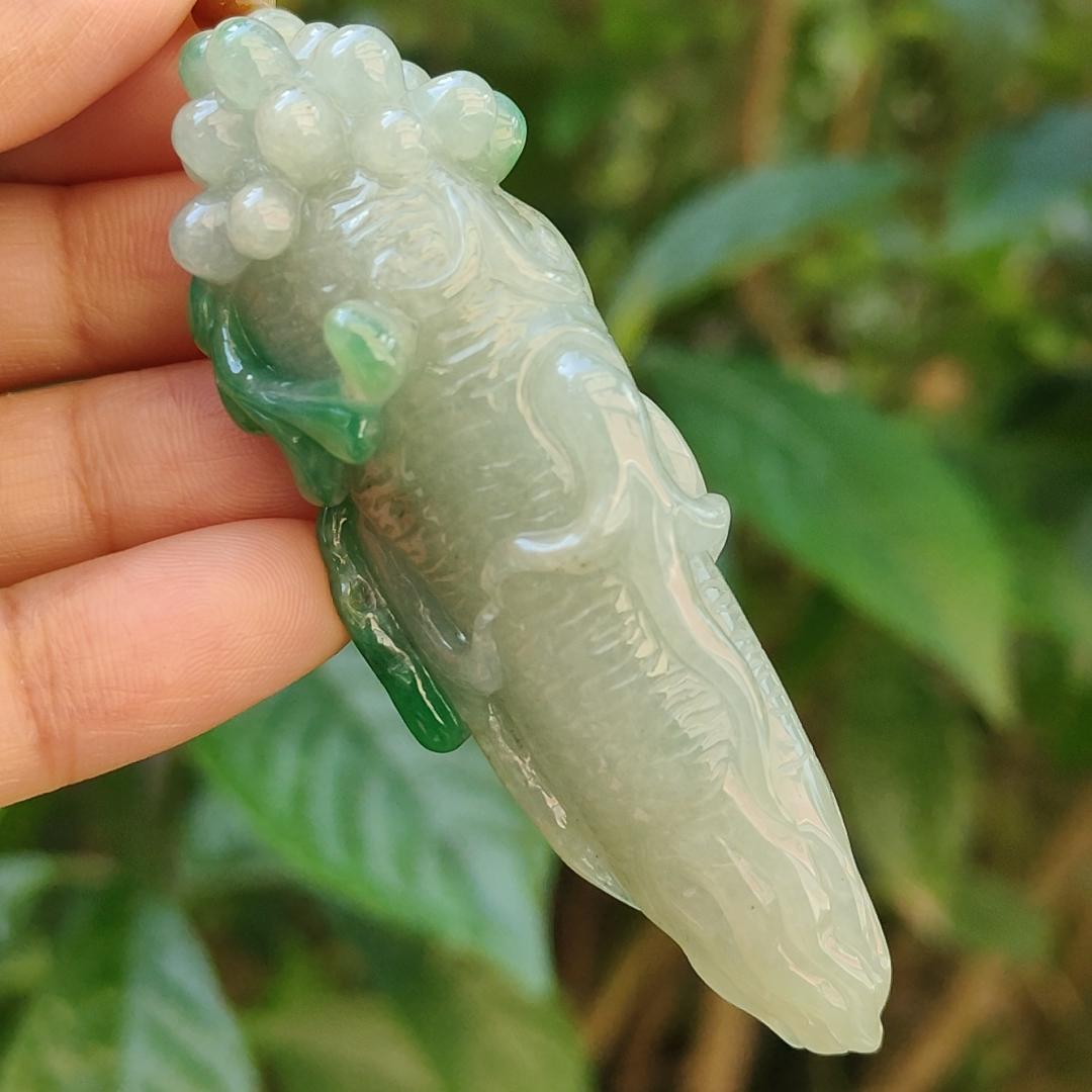 With Green and Light Green Ginseng Ruyi Natural Type A Jadeite pendant come with certificate weight 40.59 grams, 72.30 * 24.80 * 20 mm meaning Auspicious, representing good luck, happiness, joy, and wealth boosting you wearing it (pendant97)