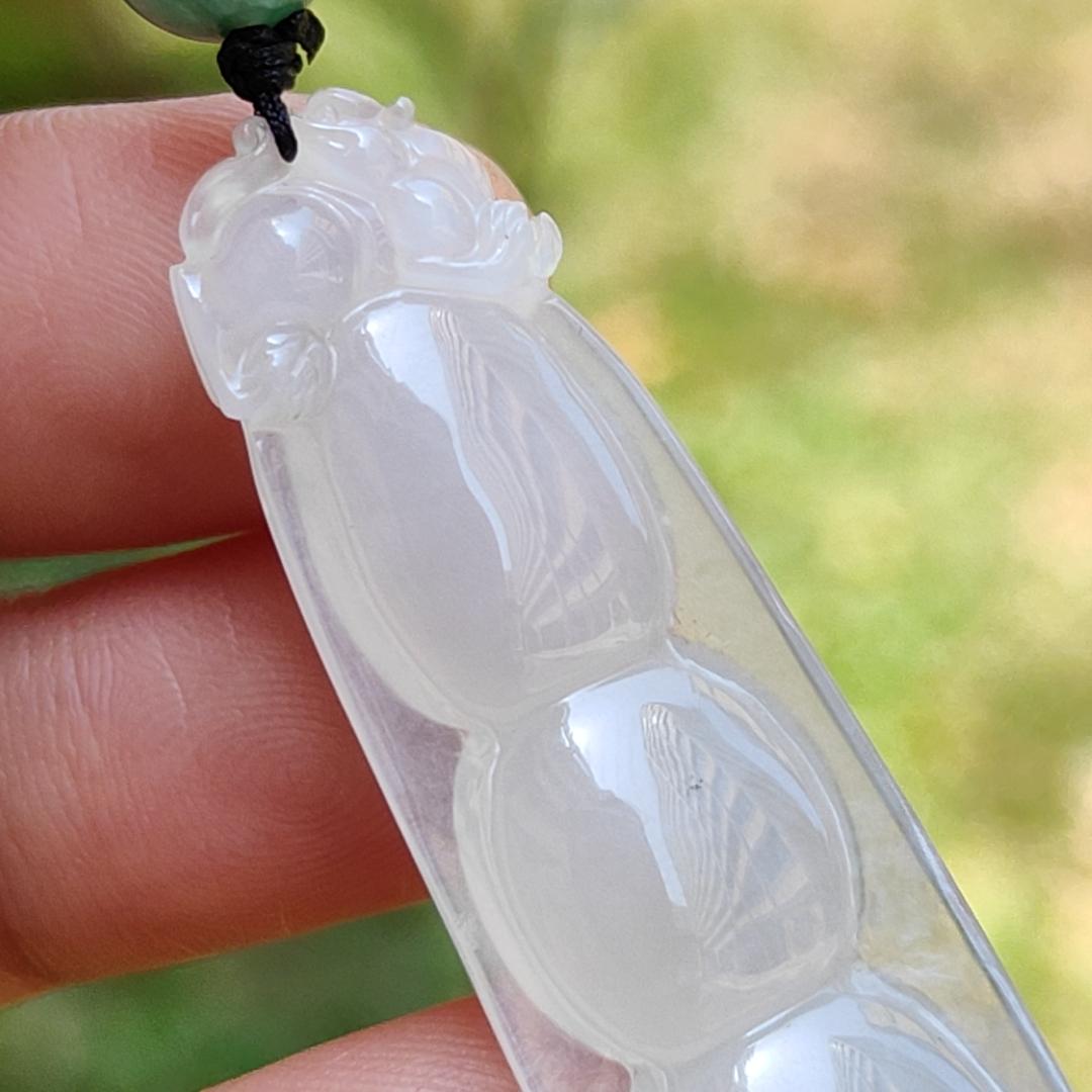 Rare Pure White Icy Translucent Natural Type A Jadeite Jade crafted with French Beans as Pendant Necklace, certificate weigh 8.4 grams, measurement 47.5 * 14.6 * 8.6 mm (pendant220)