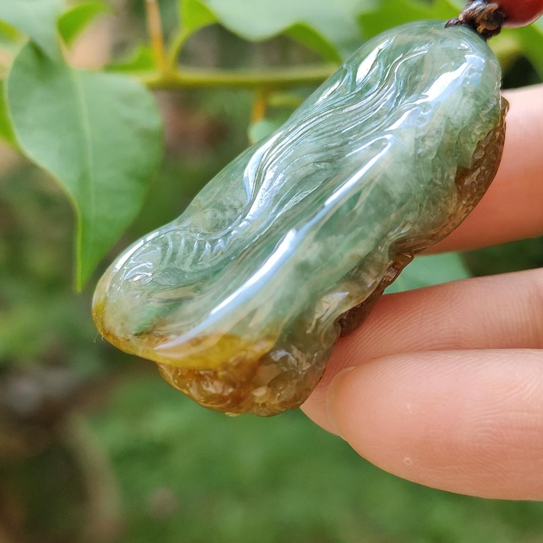 Green and Brown Two Colours Natural Type A Jadeite Pendant carved as Dragon with certificate weighs 33.15 grams, 41.8 * 26.5 * 16.5 mm, meaning Power and dignity, spirit of courage and perseverance, Prosperity and wealth (pendant88)