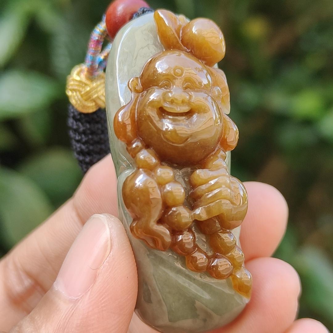 Very Rare Good Quality Reddish Yellow and Light Green Natural Type A Jadeite Jade crafted with Milo Buddha as Pendant with certificate weigh 37.43 grams, measurement 50 * 18.5 * 20.3 mm (pendant235)