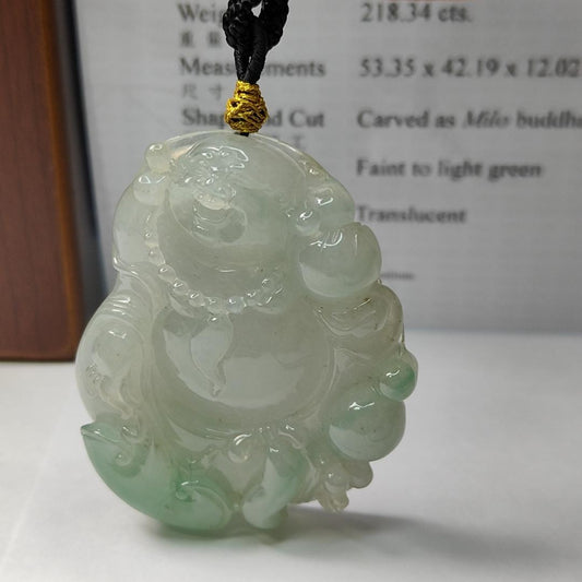 Natural Type A Jadeite Jewellery Pendant carved as Milo Buddha with Ruyi with Gemstone report from NGI weighs at 218.34 grams , 53.35 * 42.19 * 12.02 mm , Translucent with faint to light green with good translucency premium quality pendant (pendant156)