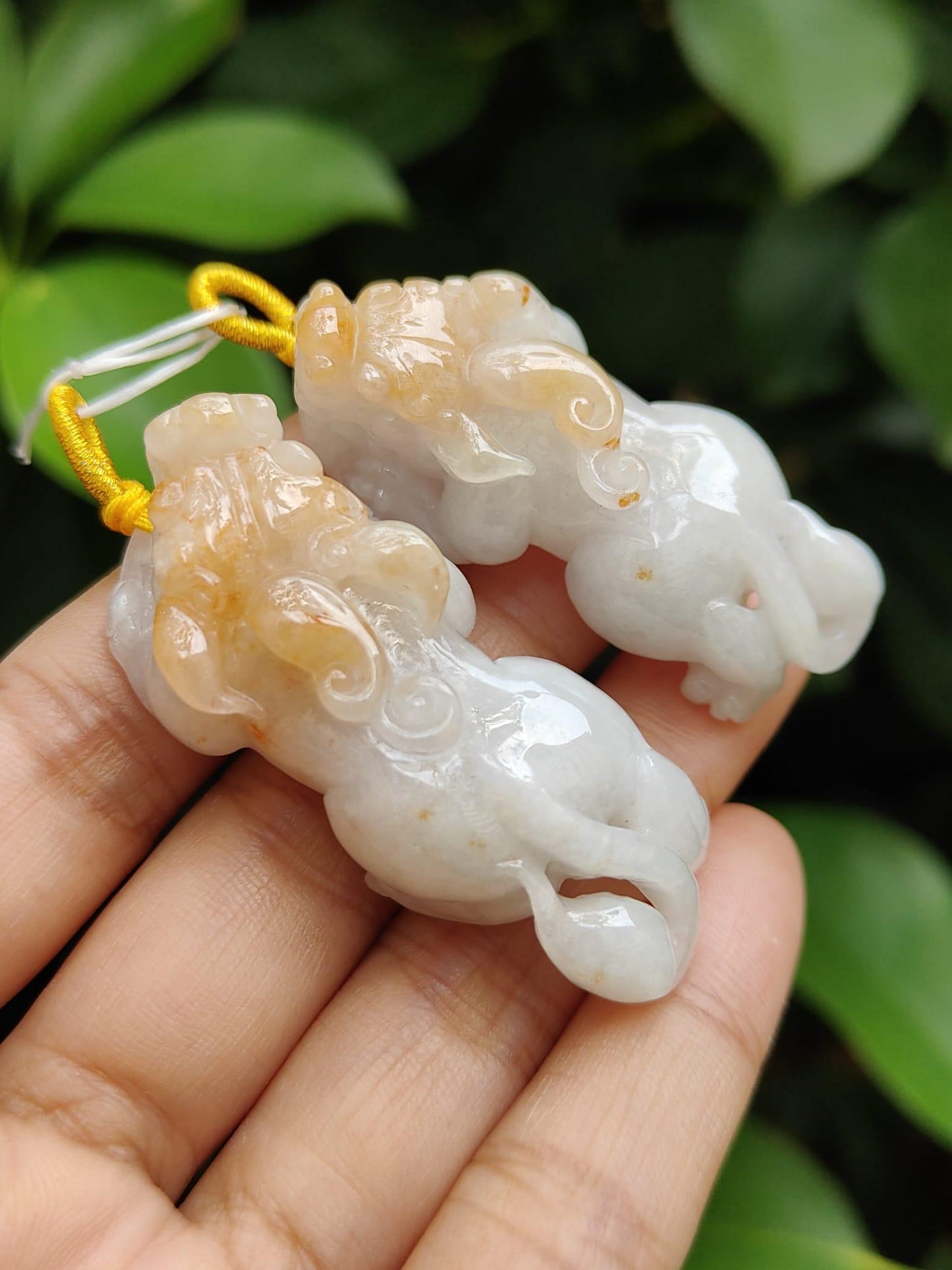 Sales - High Quality Pair of White, Yellow Natural Type A Jadeite Jade crafted as Pixiu for Pendant, certificate weighs 24.25 / 19.87 grams, measurements 50 * 21.3 * 14.1 / 47 * 20.6 * 13.6 mm (pendant292)