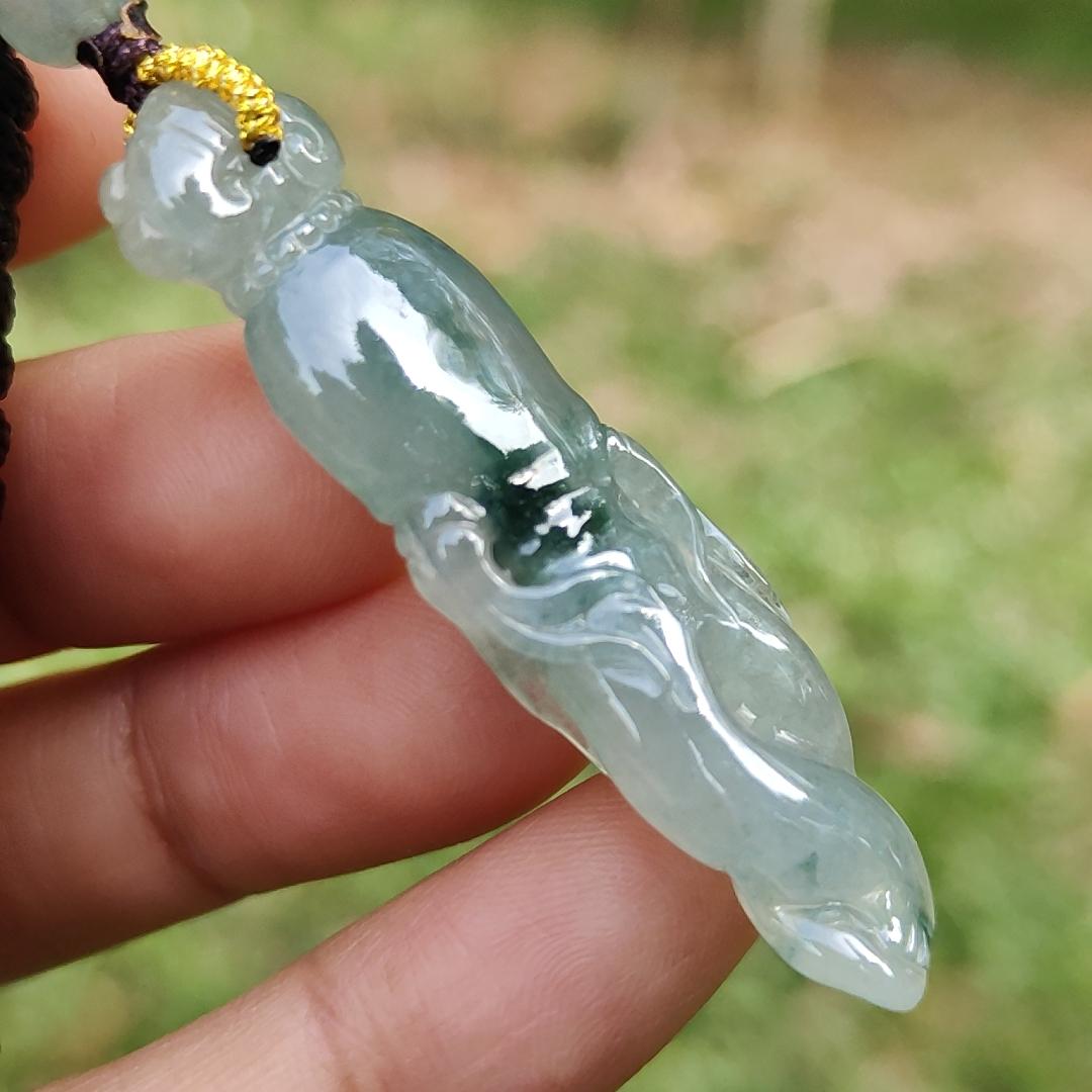 High Quality Light Green with Green Natural Type A Jadeite Jade crafted with shape of Ginseng as Pendant, certificate weighs 7.63 grams, measurement 48.2 * 12.7 * 7.1 mm (pendant277)