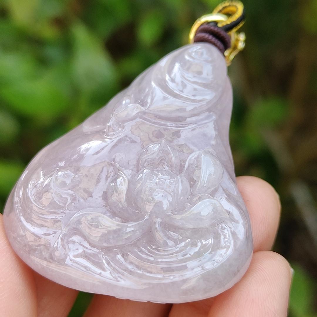 Very Rare Pinkish Lavender Natural Type A Pendant carved with lotus flower and fish with NGI Gemstone report weight 204.27 grams, 51.50 * 42.43 * 12.85 mm , Full Lavender Translucent fine grain crystal aggregate very rare pendant (pendant130)