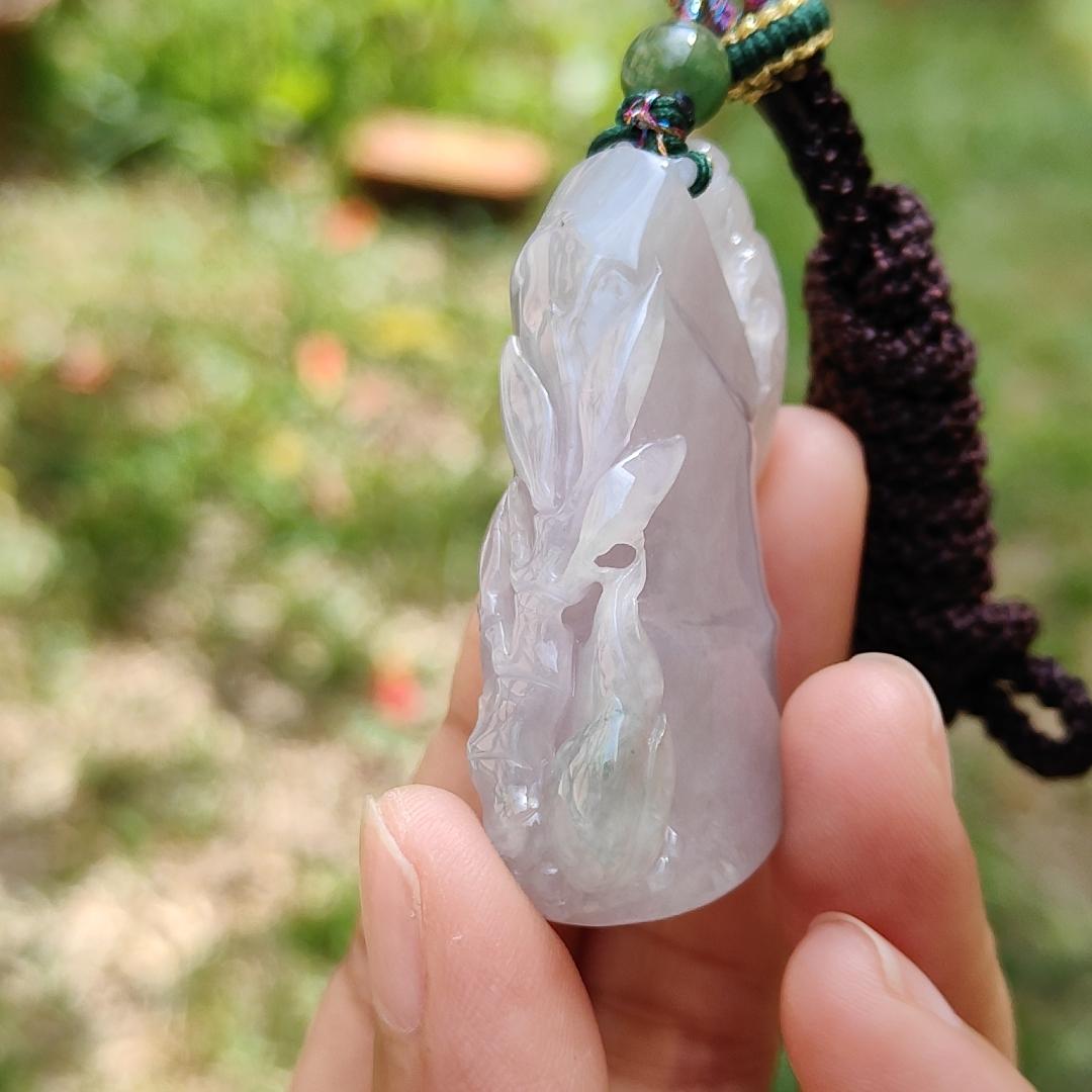 Lavender with little light green Natural Type A Jadeite Jade crafted as Bamboo and Bee as a Pendant, certificate weigh 33.64 grams, measurement 49.7 * 25.1 * 13.2 mm (pendant199)